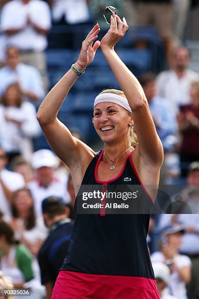 Yaroslava Shvedova of Kazakhstan celebrates after defeating Jelena Jankovic of Serbia during day four of the 2009 U.S. Open at the USTA Billie Jean...