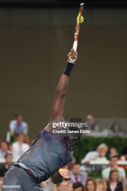 Frances Tiafoe of the USA competes in his match against Thanasi Kokkinakis of Australia on day three of the 2018 World Tennis Challenge at Memorial...