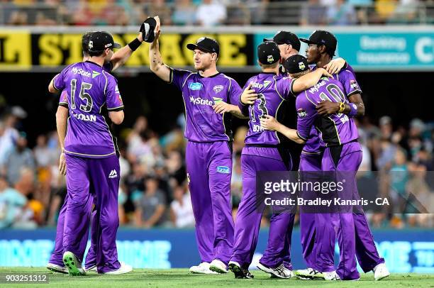 The Hurricanes celebrate victory after the Big Bash League match between the Brisbane Heat and the Hobart Hurricanes at The Gabba on January 10, 2018...