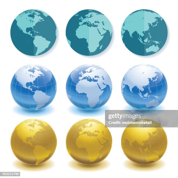 3 sets of globes in different styles and angles - shiny ball with shadow stock illustrations