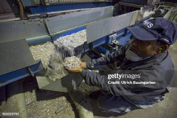 Waste disposal and processing of rubbish at the ENG disposal Niederrhein mbH in Krefeld. The picture shows plastic granules from PET bottles.