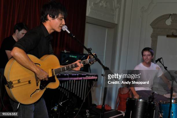 Meric Long and Logan Kroeber of The Dodos perform on stage at Bush Hall on September 3, 2009 in London, England.