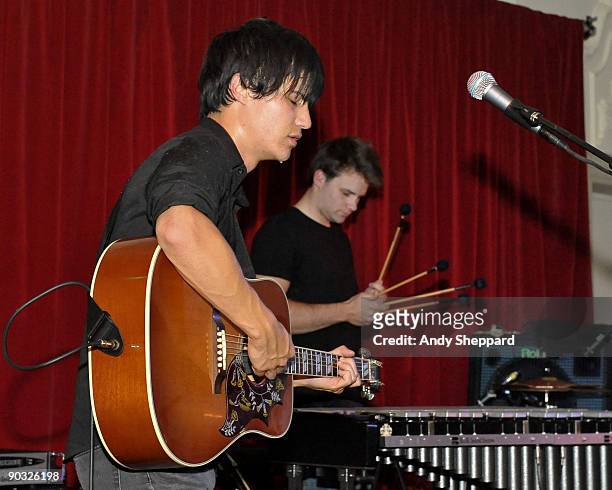 Meric Long and Keaton Snyder of The Dodos perform on stage at Bush Hall on September 3, 2009 in London, England.