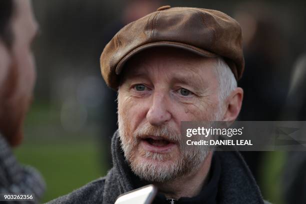 British musician Billy Bragg takes part in a protest outside the Houses of Parliament to change the law to protect live venues on January 10, 2018 in...
