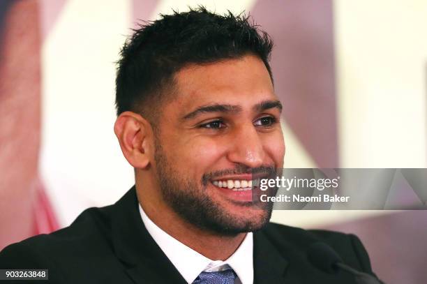Amir Khan speaks to the media during his Press Conference at the Dorchester Hotel on January 10, 2018 in London, England.