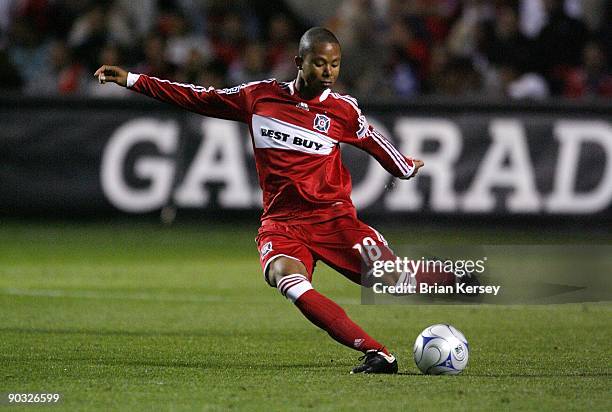 Mike Banner of the Chicago Fire kicks the ball against D.C. United during the first half at Toyota Park on August 29, 2009 in Bridgeview, Illinois....