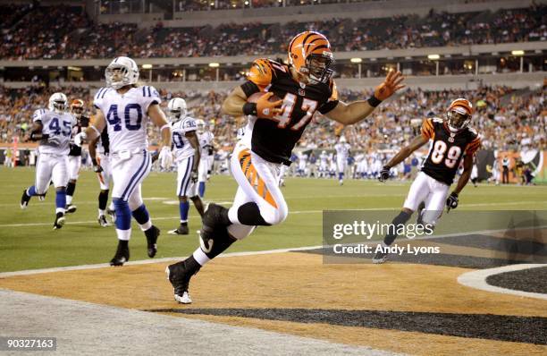 Kolo Kapanui of the Cincinnati Bengals scores a touchdown during the preseason game against the Indianapolis Colts on August 3, 2009 at Paul Brown...