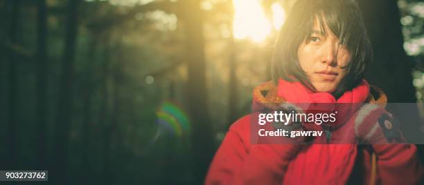 asian young woman standing in the jungle of pine trees. - indian woman short hair stock pictures, royalty-free photos & images