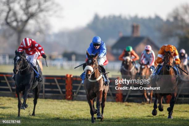 Harry Skelton riding Comrade Conrad clear the last to win The Racing UK Maiden Hurdle at Ludlow racecourse on January 10, 2018 in Ludlow, England.