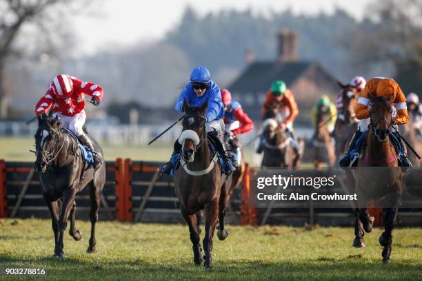 Harry Skelton riding Comrade Conrad clear the last to win The Racing UK Maiden Hurdle at Ludlow racecourse on January 10, 2018 in Ludlow, England.