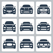 Front view of different cars, vector icon set