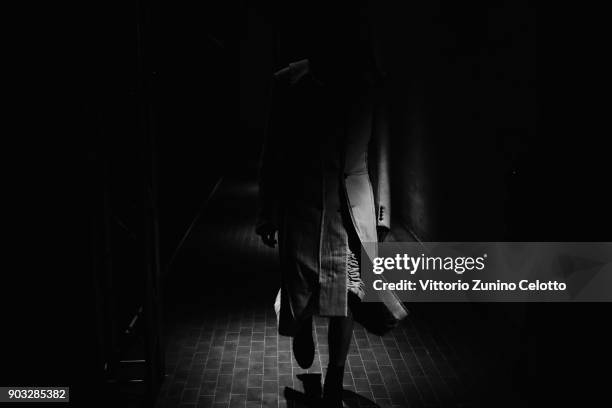 Model is seen backstage ahead of the Concept Korea: Beyond Closet e Bmuet show during the 93. Pitti Immagine Uomo at Fortezza Da Basso on January 10,...