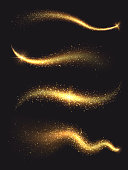 Sparkle stardust. Golden glittering magic vector waves with gold particles collection