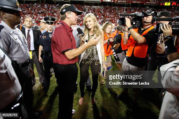 Sideline reporter Erin Andrews interviews head coach Steve Spurrier of the South Carolina Gamecocks after their game against the North Carolina State...