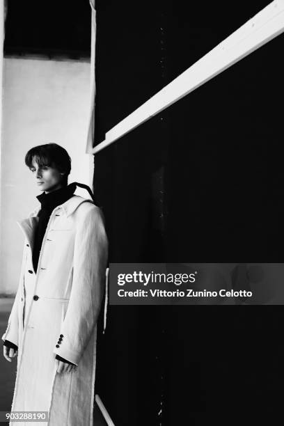 Model is seen backstage ahead of the Concept Korea: Beyond Closet e Bmuet show during the 93. Pitti Immagine Uomo at Fortezza Da Basso on January 10,...