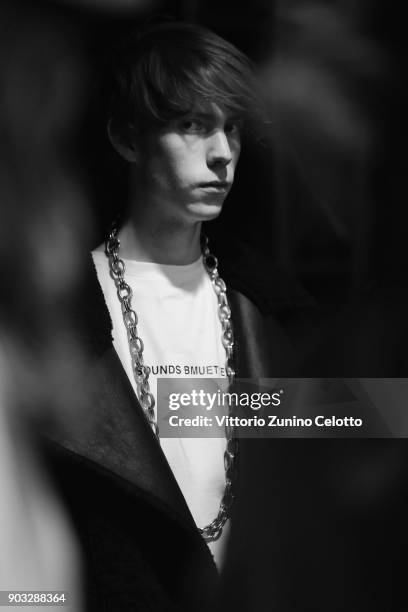 Model is seen backstage ahead of the Concept Korea: Beyond Closet e Bmuet show during the 93. Pitti Immagine Uomo at Fortezza Da Basso on January 10,...