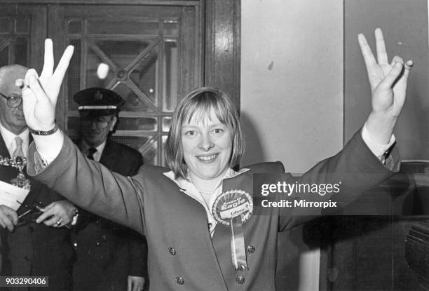 Angela Eagle celebrates her victory to become MP for Wallasey, Merseyside. Picture taken 10th April 1992.