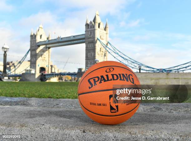 Generic view of a basketball poses by London Bridge as part of the 2018 NBA London Global Game at Potters Fields Park on January 10, 2018 in London,...