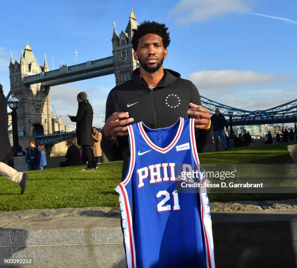 Joel Embiid of the Philadelphia 76ers poses for a portrait as part of the 2018 NBA London Global Game at Potters Fields Park on January 10, 2018 in...