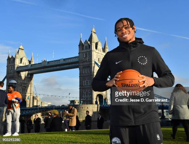 Richaun Holmes of the Philadelphia 76ers poses for a portrait as part of the 2018 NBA London Global Game at Potters Fields Park on January 10, 2018...