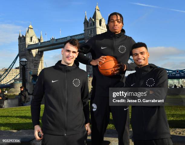 Richaun Holmes, Dario Saric and Timothe Luwawu-Cabarrot of the Philadelphia 76ers pose for a portrait as part of the 2018 NBA London Global Game at...