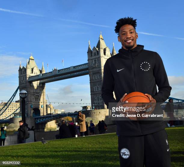 Robert Covington of the Philadelphia 76ers poses for a portrait as part of the 2018 NBA London Global Game at Potters Fields Park on January 10, 2018...