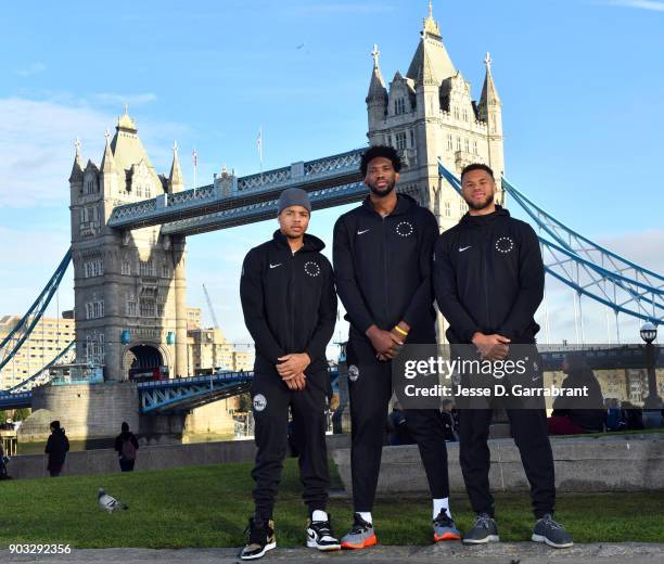 Markelle Fultz, Joel Embiid and Justin Anderson the Philadelphia 76ers pose for a portrait as part of the 2018 NBA London Global Game at Potters...