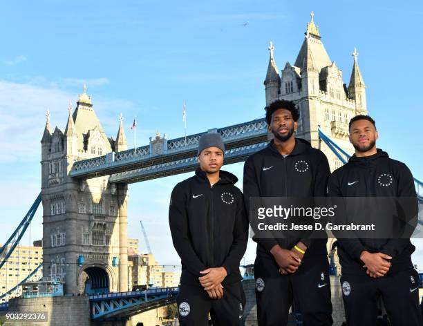 Markelle Fultz, Joel Embiid of the Philadelphia 76ers pose for a portrait as part of the 2018 NBA London Global Game at Potters Fields Park on...