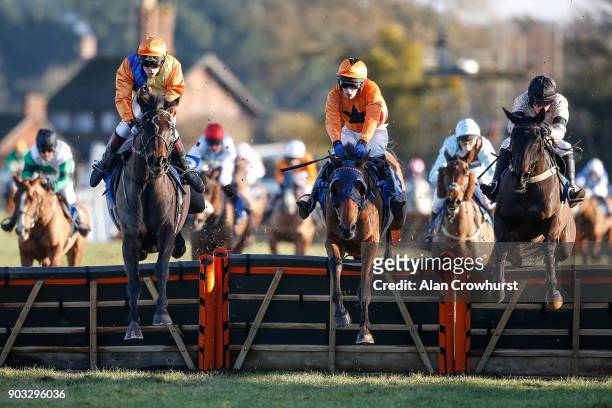 As the runners clear the last in The A.J.A Amateur Riders' Handicap Hurdle Mr M Galligan riding Flashjack and Miss Issabel Williams riding Virginia...