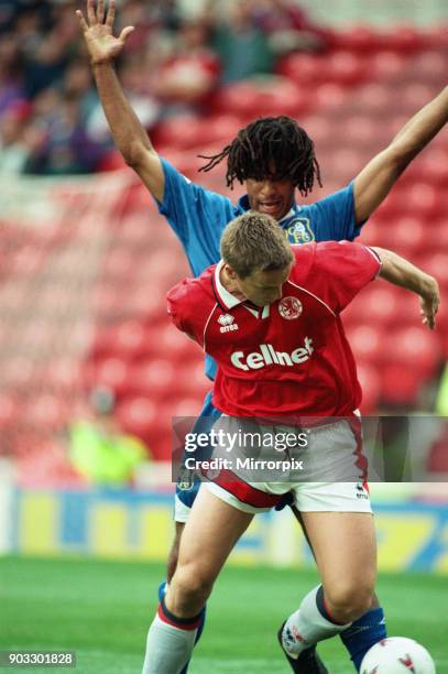 Chelsea 2 - 0 Middlesbrough, Premier League match held at the Cellnet Stadium. Ruud Gullit and Jan-Aage Fjortoft. 26th August 1995.