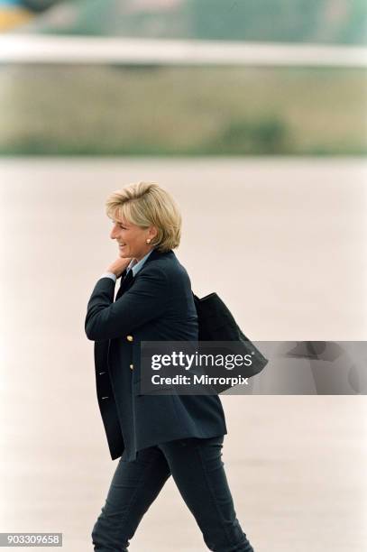 The Princess of Wales, Princess Diana, on her arrival at Sarajevo airport Friday, 8th August 1997 at the start of her two-day tour to publicise the...