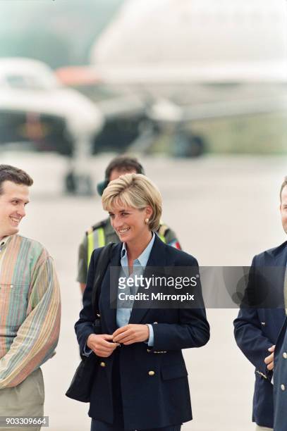 The Princess of Wales, Princess Diana, on her arrival at Sarajevo airport Friday, 8th August 1997 at the start of her two-day tour to publicise the...