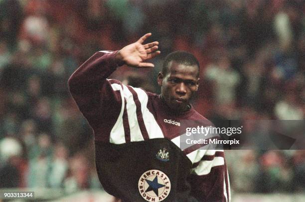 Liverpool 4-3 Newcastle United, premier league match at Anfield, Wednesday 3rd April 1996. Our picture shows Faustino Asprilla.