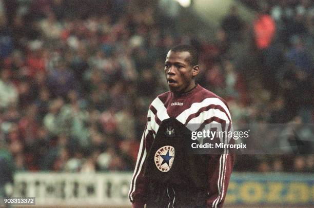 Liverpool 4-3 Newcastle United, premier league match at Anfield, Wednesday 3rd April 1996. Our picture shows Faustino Asprilla.