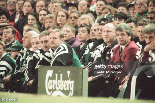 Liverpool 4-3 Newcastle United, premier league match at Anfield, Wednesday 3rd April 1996. Our picture shows Liverpool and Newcastle benches with Roy...
