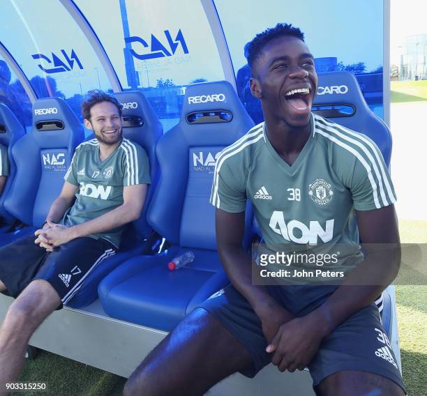 Daley Blind and Axel Tuanzebe of Manchester United in action during a first team training session at Nad Al Sheba Sports Complex on January 10, 2018...