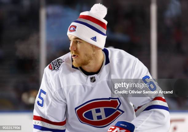 Andrew Shaw of the Montreal Canadiens looks on during warm up prior to the 2017 Scotiabank NHL 100 Classic at Lansdowne Park on December 16, 2017 in...