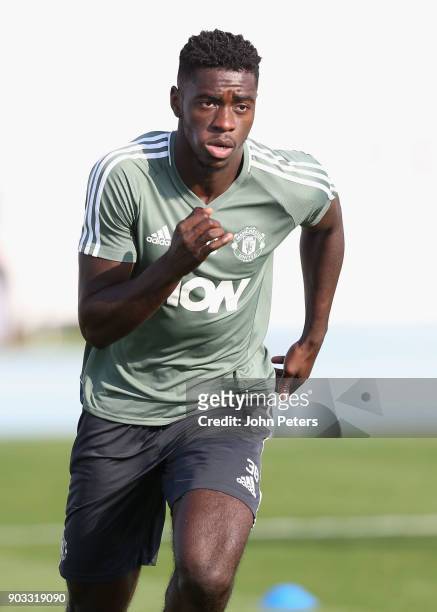 Axel Tuanzebe of Manchester United in action during a first team training session at Nad Al Sheba Sports Complex on January 10, 2018 in Dubai, United...