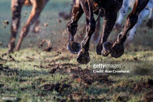 Runners kicking up plenty of mud on the easy ground at Ludlow racecourse on January 10, 2018 in Ludlow, England.