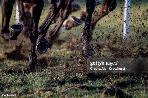 Runners kicking up plenty of mud on the easy ground at Ludlow racecourse on January 10, 2018 in Ludlow, England.