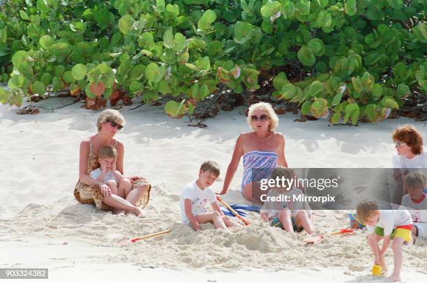 Princess Diana, The Princess of Wales and her children Prince William and Prince Harry, on holiday on Necker Island, owned by Richard Branson. The...