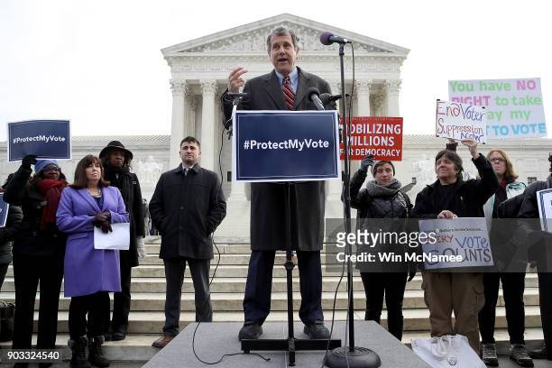 Sen. Sherrod Brown speaks during a rally held by the group Common Cause in front of the U.S. Supreme Court January 10, 2018 in Washington, DC. Voting...