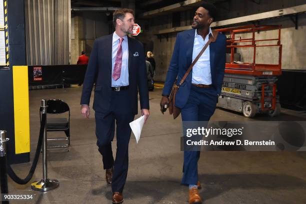 Analysts, Brent Barry and Chris Webber arrive at the arena before the Oklahoma City Thunder game against the LA Clippers on January 4, 2018 at...