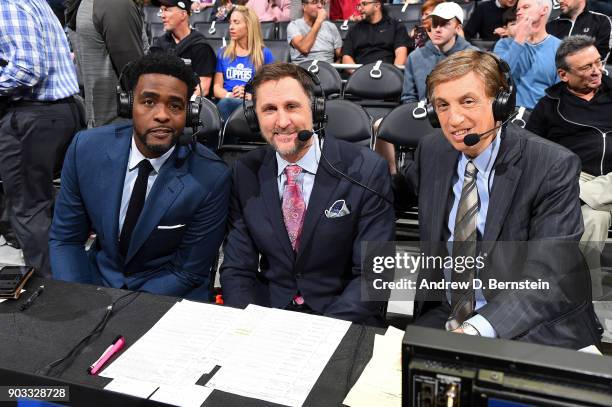 Analysts, Chris Webber, Brent Barry and Marv Albert pose for a photo before the Oklahoma City Thunder game against the LA Clippers on January 4, 2018...