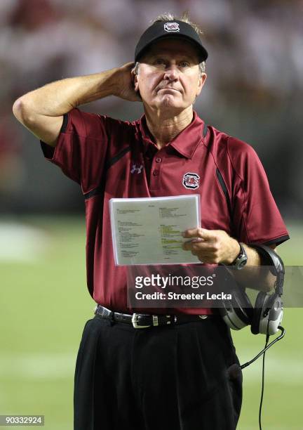 Head coach Steve Spurrier of the South Carolina Gamecocks watches on from the sidelines against the North Carolina State Wolfpack during their game...