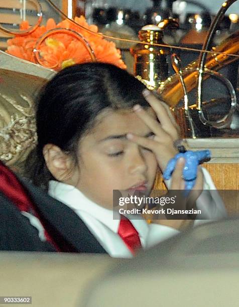 Prince Michael Jackson II departs Michael Jackson's funeral service held at Glendale Forest Lawn Memorial Park on September 3, 2009 in Glendale,...