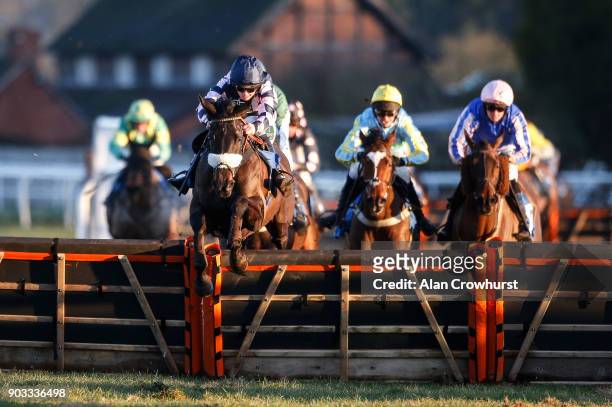 Kielan Wood riding Dahills Hill clear the second last before winning The Racing UK Mares' Handicap Hurdle at Ludlow racecourse on January 10, 2018 in...