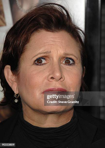 Carrie Fisher arrives at the Los Angeles premiere of "Sorority Row" at the ArcLight Hollywood on September 3, 2009 in Hollywood, California.