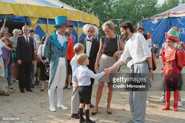 The Princess of Wales, Princess Diana, along with her songs William and Harry enjoy the day at Le Cirque du Soleil, the Children's Circus. Picture...