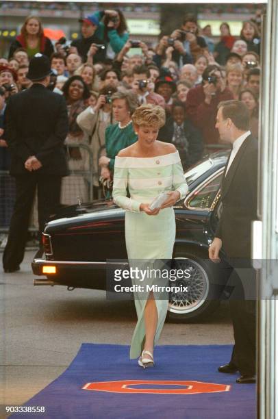 The Princess of Wales, Princess Diana, arrives at the West End Odeon in Leicester Square, for the premiere of The Accidental Hero, in aid of MENCAP...
